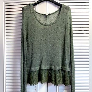 American Eagle Outfitters Women’s Sheer Lace Peplum Olive Green Long Sleeve Top